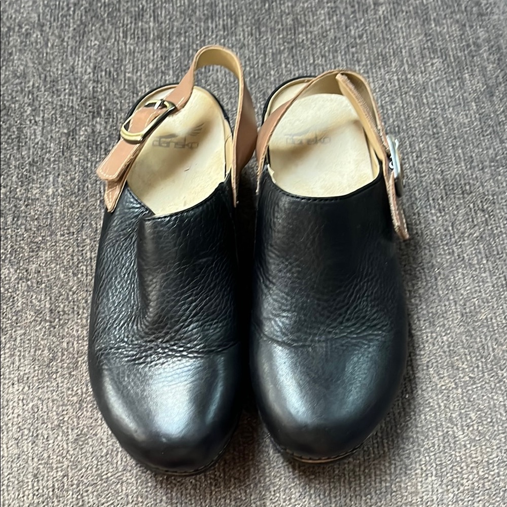 Dansko Black Leather Mules with Tan Slingback Strap
